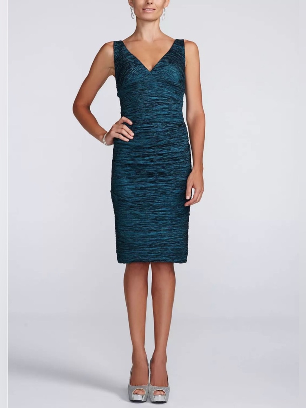 Xscape Teal Metallic Ruched Stretch Taffeta Vneck Dress Size 8